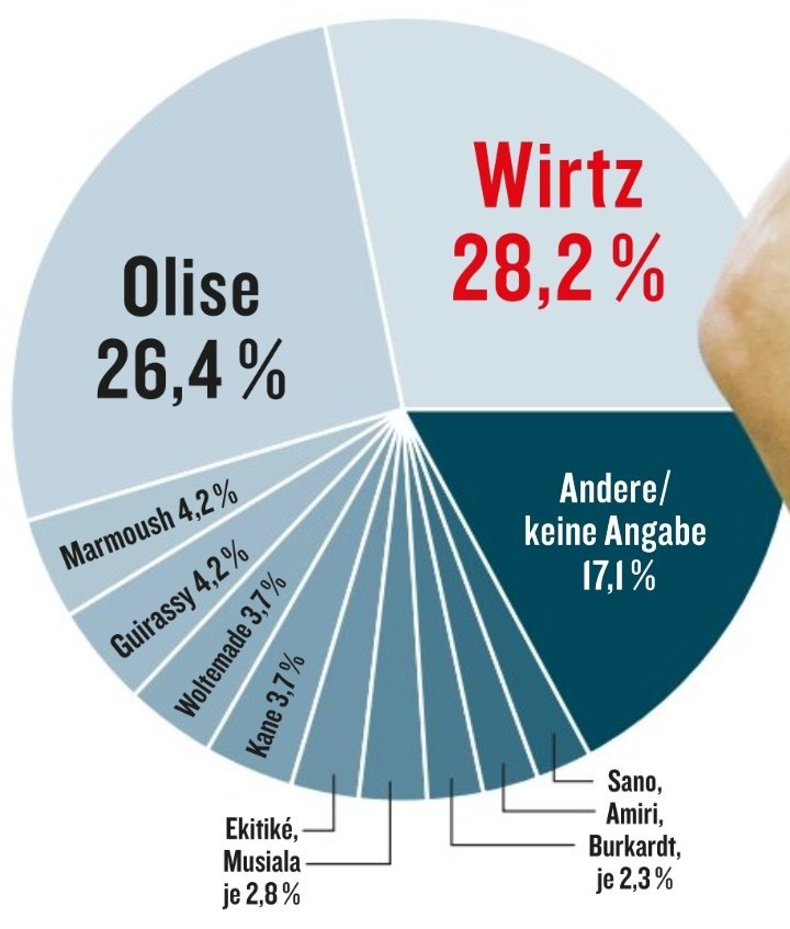 《踢球者》票選德甲賽季最佳球員：維爾茨28.2%，奧利塞第二