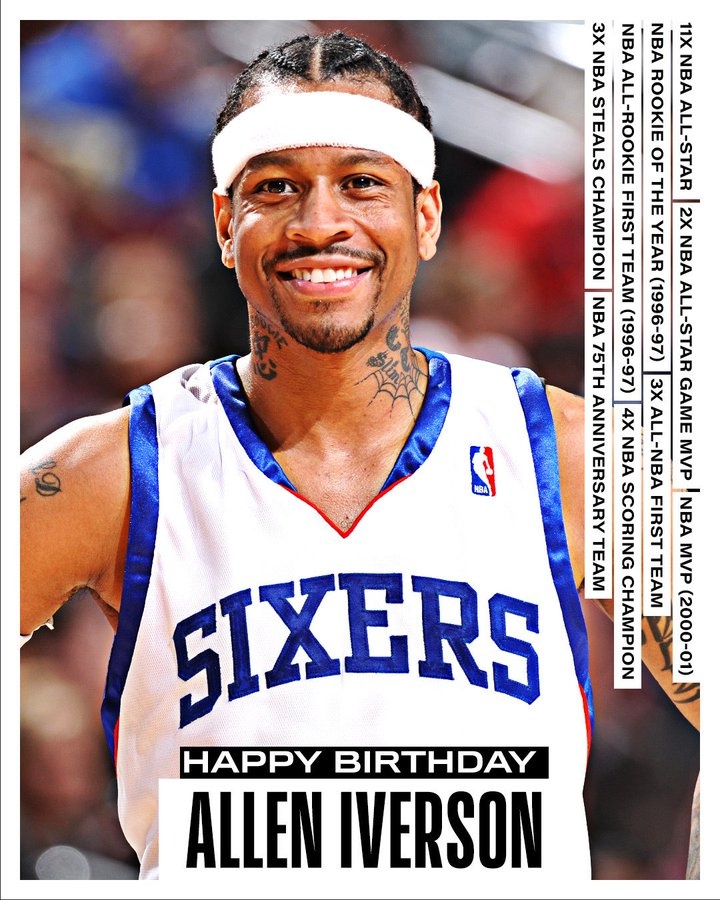 3次一陣&4屆得分王&11屆全明星&01年MVP！艾弗森50歲生日快樂(lè)??