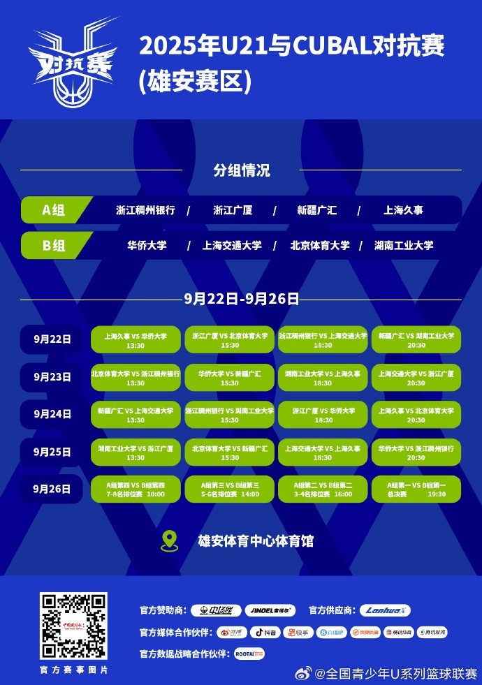 U21與CUBAL對抗賽將于9月22日—26日在雄安體育中心舉行